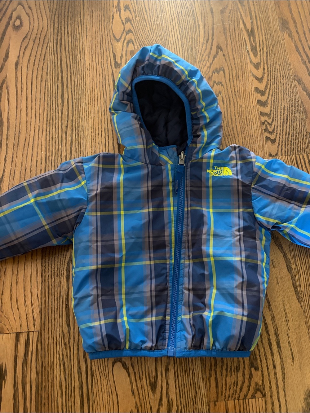 The North Face Reversible Puffer Jacket Plaid and Solid Navy 12-18m